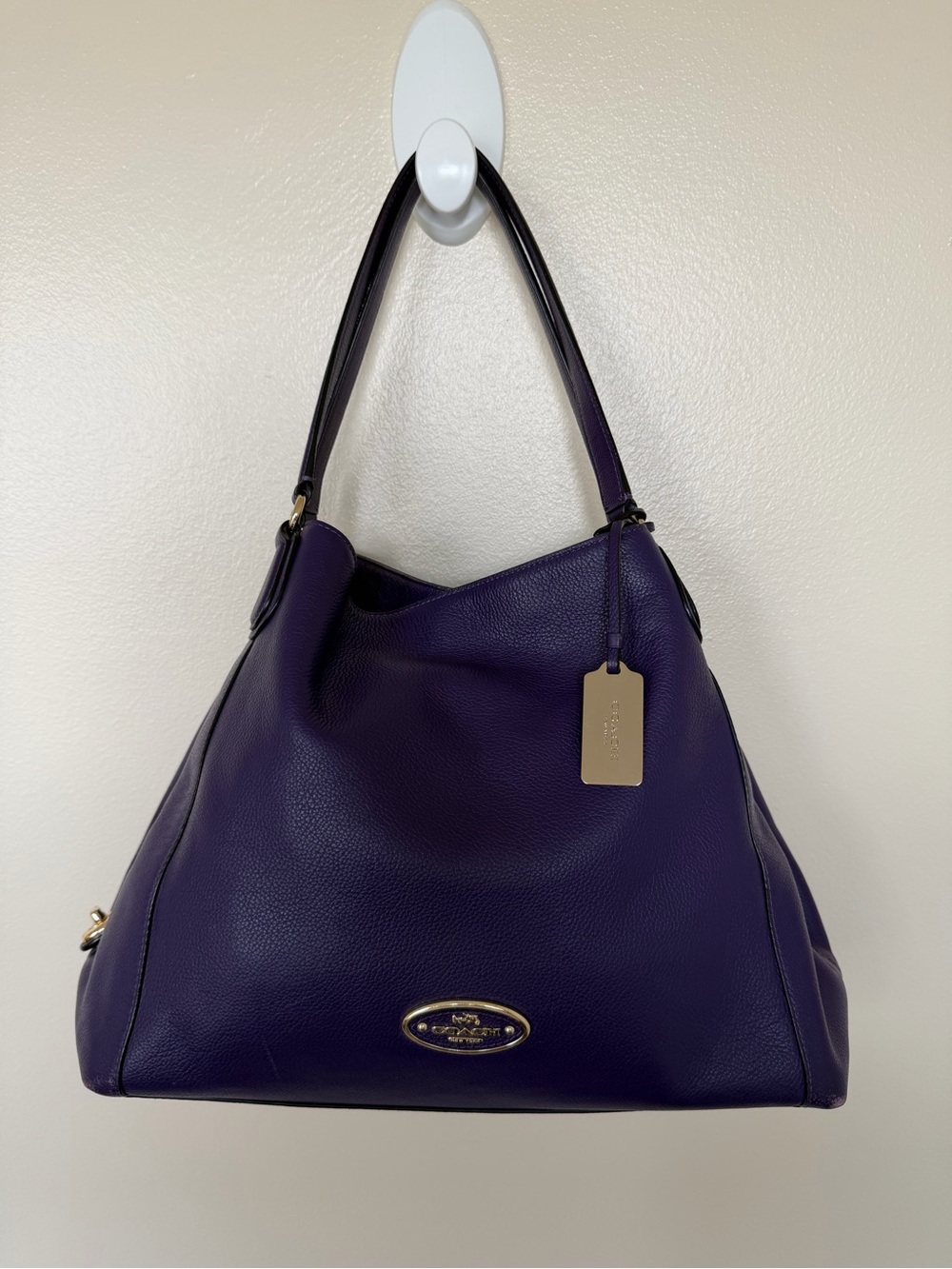 COACH Edie Turnlock Purple Gold Large Pebbled Leather Triple Hobo Shoulder Bag